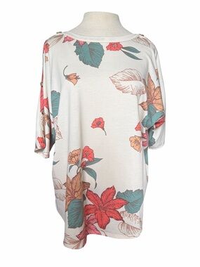 Kim & Cami Cream  Floral Print Short Sleeve Tunic with Coral & Teal Accents